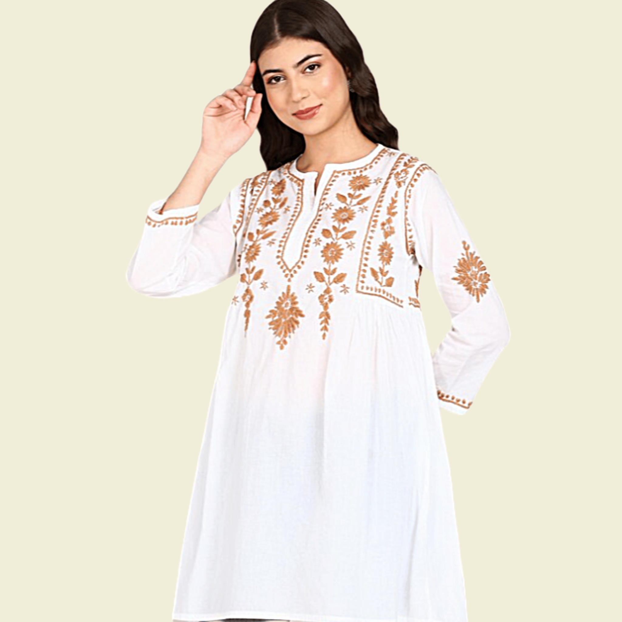 White Chikankari Kurti with Brown Thread work