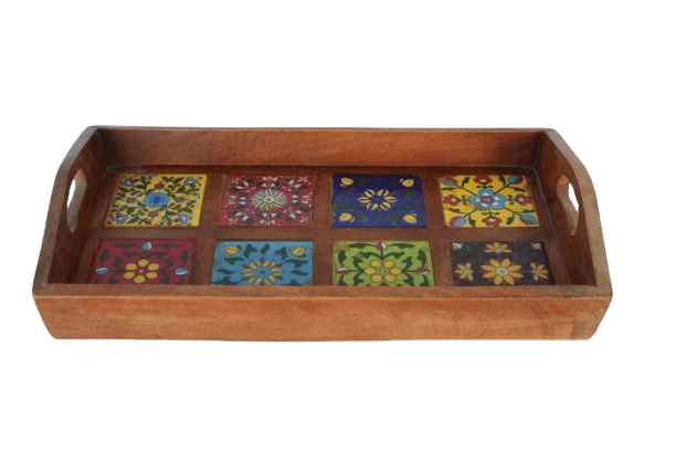 Priya Blue Art Pottery Wooden Tray