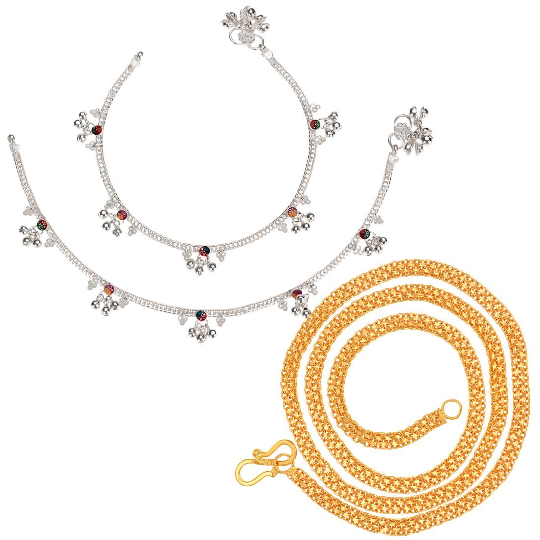 AanyaCentric Latest Silver Plated Anklets & 22 inches Long Gold Plated Chain - Stylish Women and Girls Accessories