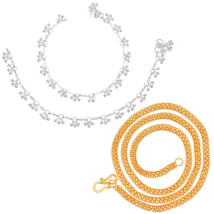 AanyaCentric Latest Silver Plated Anklets & 22inch Long Gold Plated Chain - Stylish Women and Girls Accessories