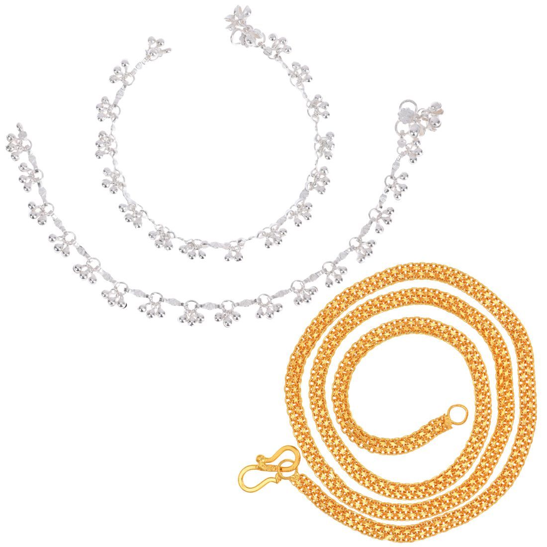 AanyaCentric Latest Silver Plated Anklets & 22inch Long Gold Plated Chain - Stylish Women and Girls Accessories