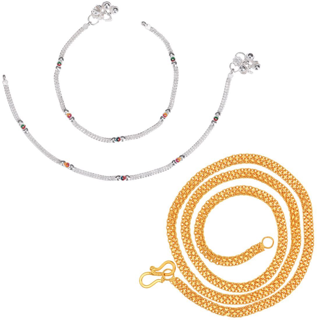 AanyaCentric Latest Silver Plated Anklets Pair & 22inches Gold Plated Chain - Stylish Women and Girls Accessories