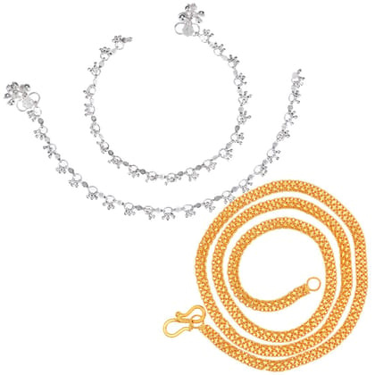 AanyaCentric Latest Silver Plated Anklets Pair & 22inch Gold Plated Chain - Stylish Women and Girls Accessories