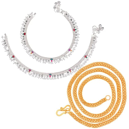 AanyaCentric Latest Silver Plated Anklets & 22 inches Gold Plated Chain - Stylish Women and Girls Accessories