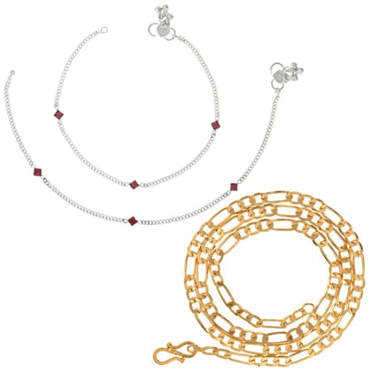 AanyaCentric Latest Silver Plated Anklets & 22 inch Gold Plated Chain - Stylish Women and Girls Accessories