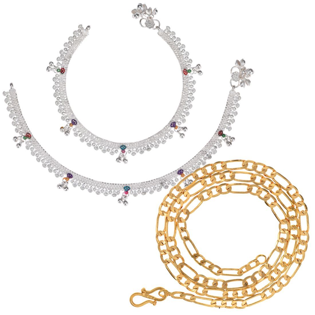 AanyaCentric Latest Silver Plated Anklets & 22" Gold Plated Chain - Stylish Women and Girls Accessories