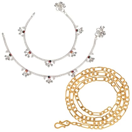 AanyaCentric Latest Silver Plated Anklets & 22inches Gold Plated Chain - Stylish Women and Girls Accessories