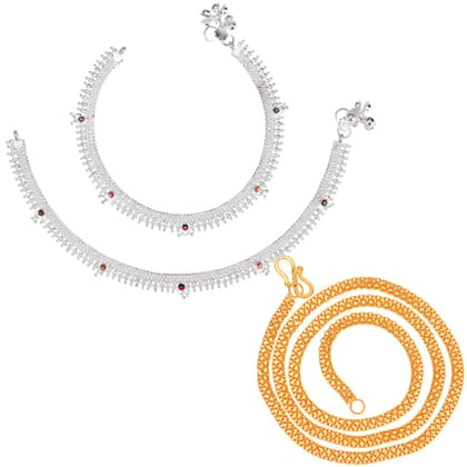 AanyaCentric Latest Silver Plated Anklets Pair & 22inches Long Gold Plated Chain Stylish Women and Girls Jewelry Set