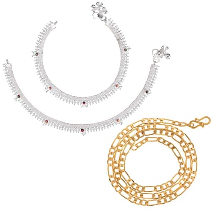 AanyaCentric Latest Silver Plated Anklets Pair & 22inch Long Gold Plated Chain Stylish Women and Girls Jewelry Set