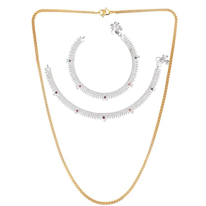 AanyaCentric Latest Silver Plated Anklets & 22 inch Long Gold Plated Chain Stylish Women and Girls Jewelry Set