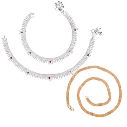 AanyaCentric Latest Silver Plated Anklets & 22inch Long Gold Plated Chain Stylish Women and Girls Jewelry Set