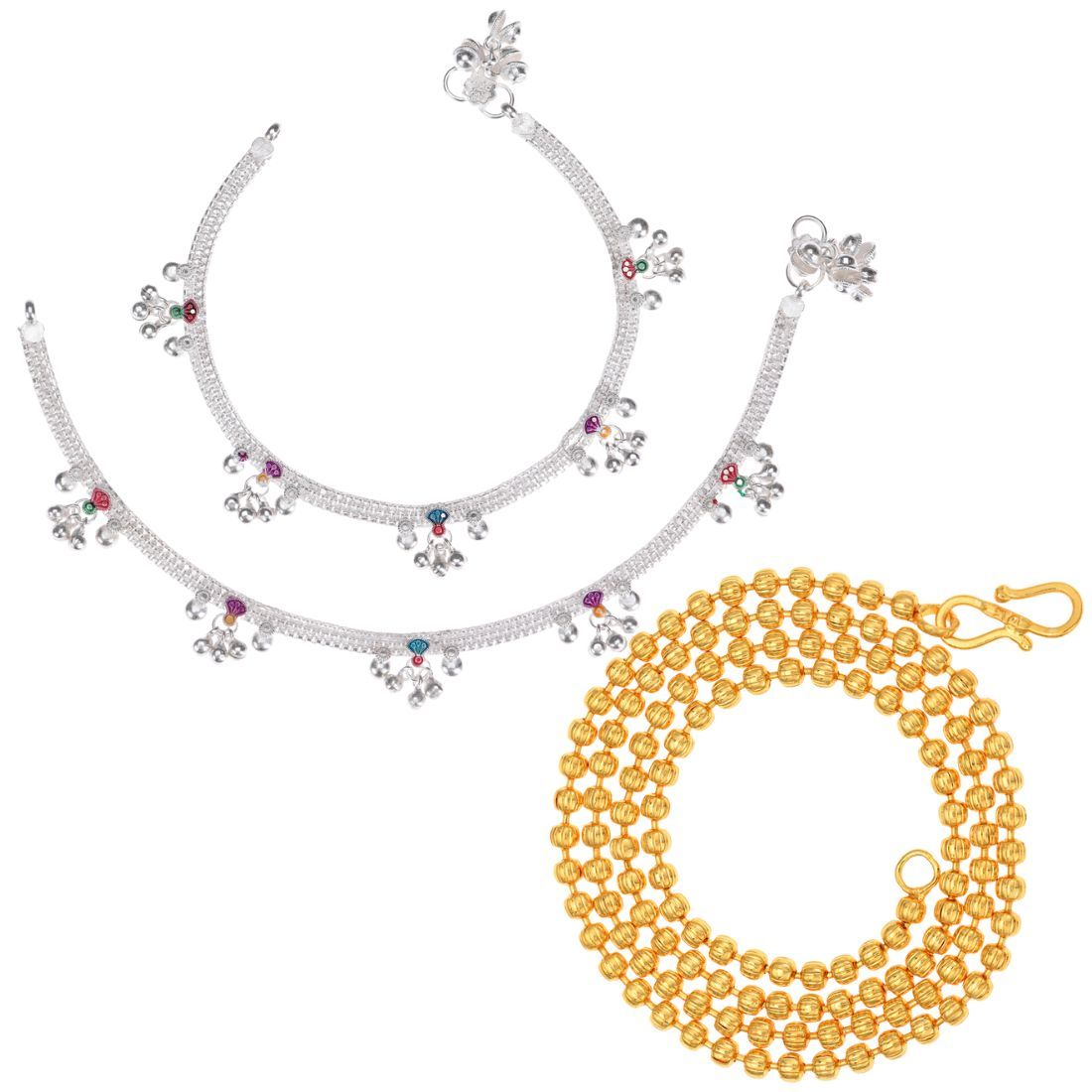 AanyaCentric Elegant Silver Plated Anklets & 22inches Gold Plated Chain Stylish Women's and Girls' Jewelry Set