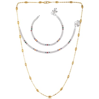 AanyaCentric Latest Silver Plated Anklets & 22inches Long Gold Plated Chain - Stylish Women and Girls Jewelry Set