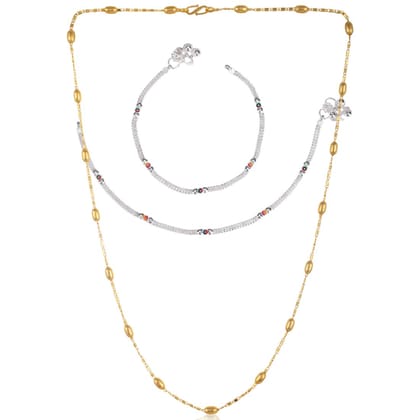 AanyaCentric Latest Silver Plated Anklets & 22inch Long Gold Plated Chain - Stylish Women and Girls Jewelry Set