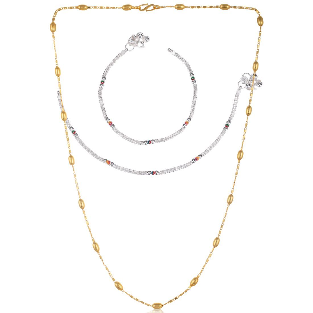 AanyaCentric Latest Silver Plated Anklets & 22inch Long Gold Plated Chain - Stylish Women and Girls Jewelry Set