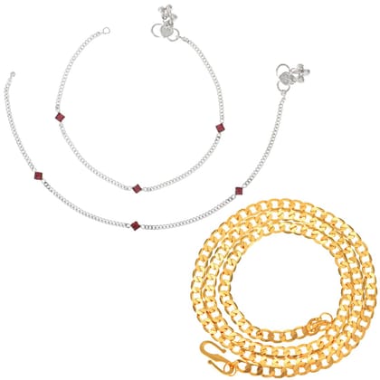 AanyaCentric Latest Silver Plated Anklets Pair & 22inches Gold Plated Chain - Stylish Women and Girls Jewelry Set