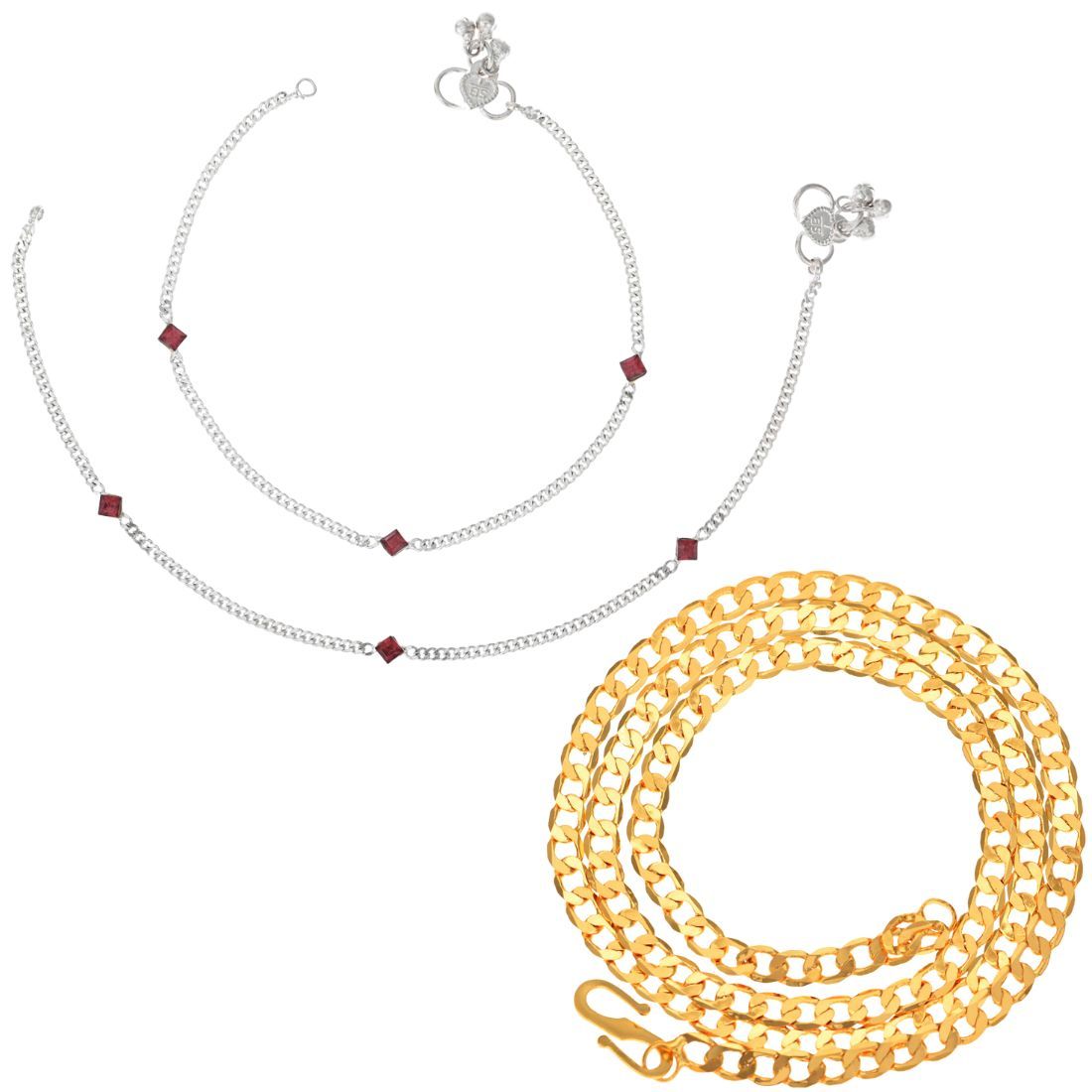 AanyaCentric Latest Silver Plated Anklets Pair & 22inches Gold Plated Chain - Stylish Women and Girls Jewelry Set