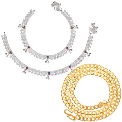 AanyaCentric Latest Silver Plated Anklets & 22 inches Gold Plated Chain - Stylish Women and Girls Jewelry Set