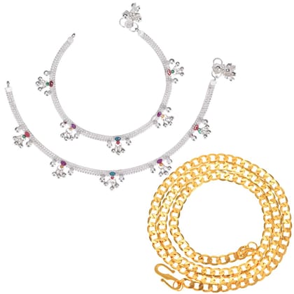 AanyaCentric Latest Silver Plated Anklets & 22inches Gold Plated Chain - Stylish Women and Girls Jewelry Set