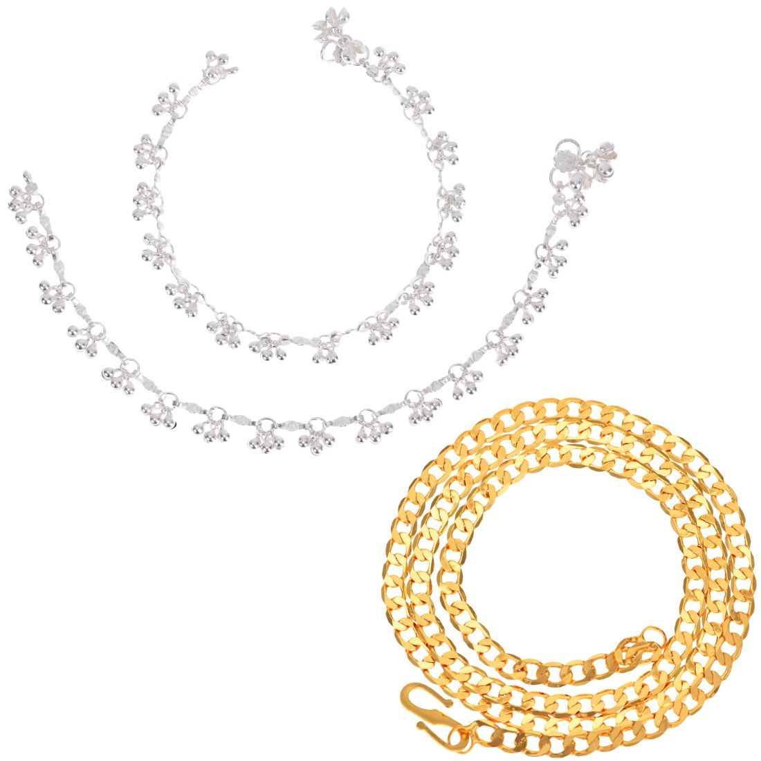 AanyaCentric Latest Silver Plated Anklets & 22 inch Gold Plated Chain - Stylish Women and Girls Jewelry Set