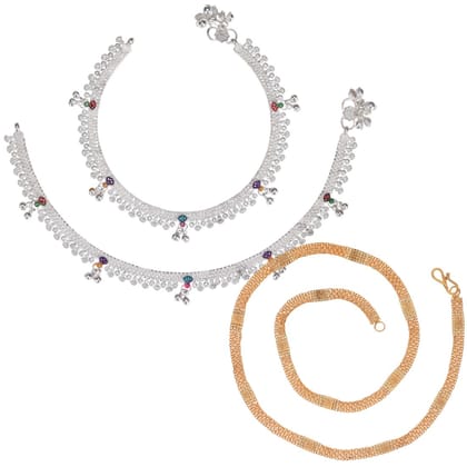 AanyaCentric Latest Silver Plated Anklets & 22" Gold Plated Chain Stylish Women's and Girls' Jewelry Set