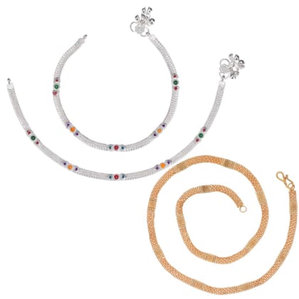 AanyaCentric Latest Silver Plated Anklets Pair & 22inch Long Gold Plated Chain - Stylish Women's and Girls' Jewelry Set