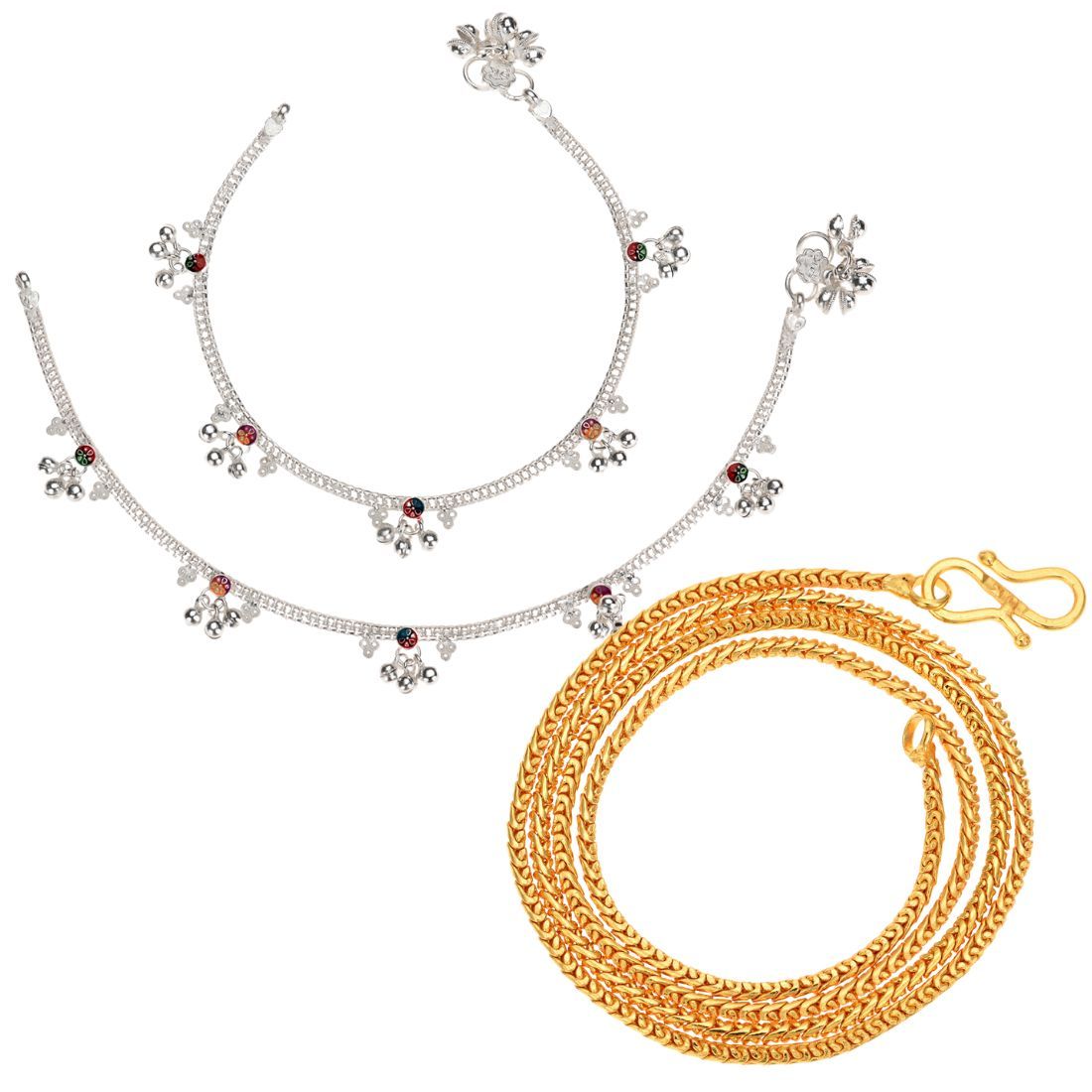 AanyaCentric Latest Silver Plated Anklets & 22" Long Gold Plated Chain - Stylish Women's and Girls' Jewelry Set