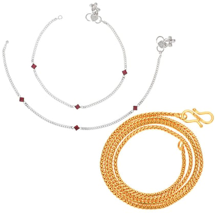 AanyaCentric Latest Silver Plated Anklets & 22inch Long Gold Plated Chain - Stylish Women's and Girls' Jewelry Set