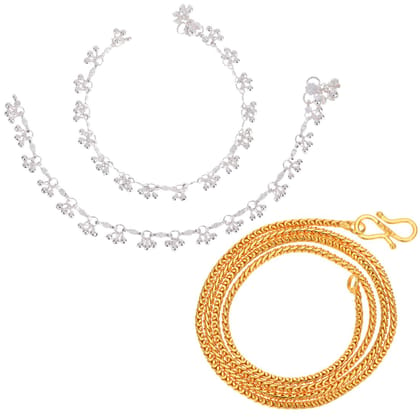 AanyaCentric Latest Silver Plated Anklets Pair & 22inches Gold Plated Chain - Stylish Women's and Girls' Jewelry Set