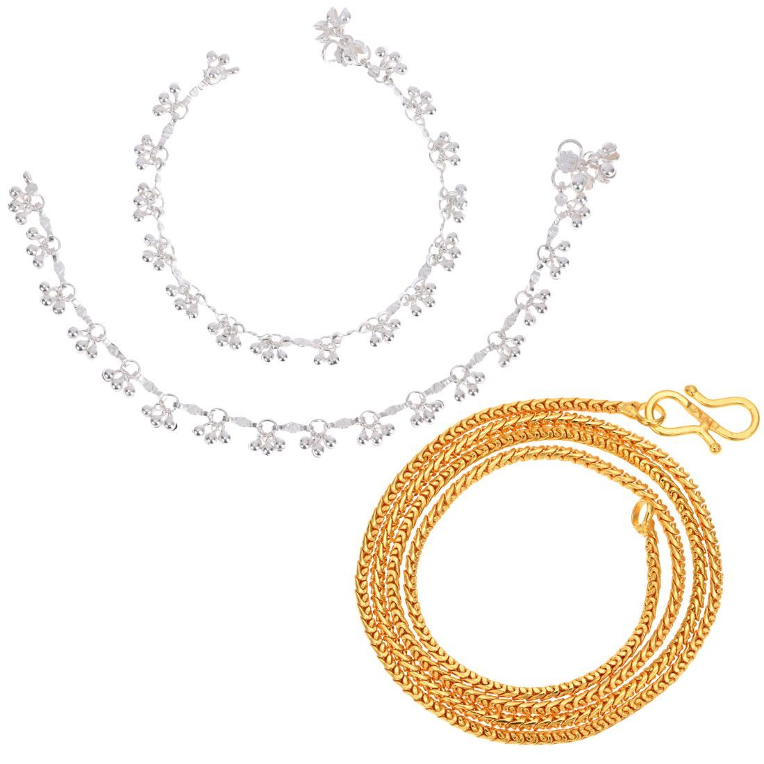 AanyaCentric Latest Silver Plated Anklets Pair & 22inches Gold Plated Chain - Stylish Women's and Girls' Jewelry Set