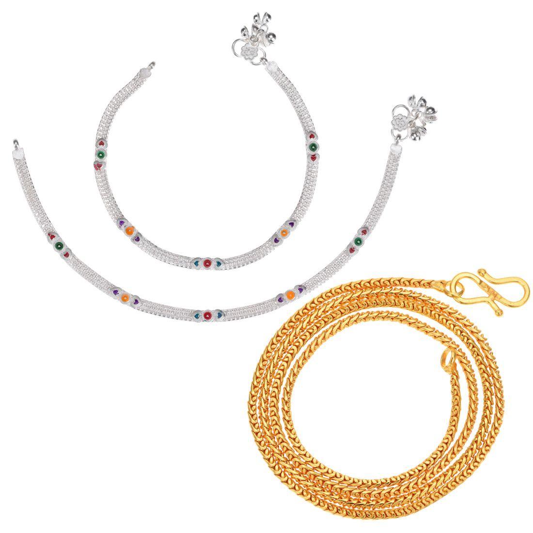 AanyaCentric Latest Silver Plated Anklets & 22 inches Gold Plated Chain - Stylish Women's and Girls' Jewelry Set