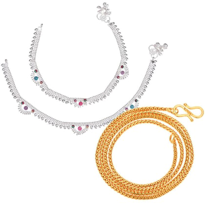 AanyaCentric Latest Silver Plated Anklets & 22inch Gold Plated Chain - Stylish Women's and Girls' Jewelry Set