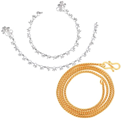 AanyaCentric Latest Silver Plated Anklets & 22inches Gold Plated Chain - Stylish Women's and Girls' Jewelry Set