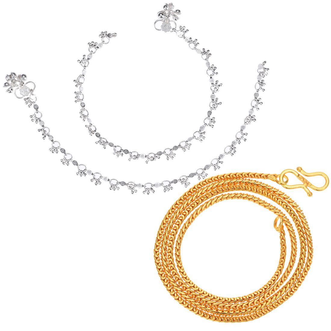 AanyaCentric Latest Silver Plated Anklets & 22inches Gold Plated Chain - Stylish Women's and Girls' Jewelry Set