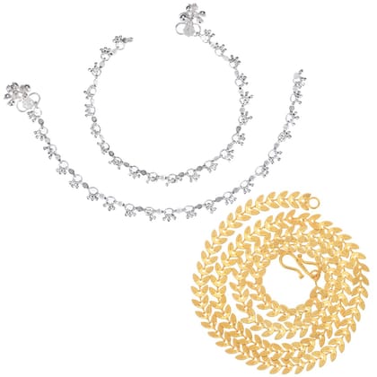 AanyaCentric Latest Silver Plated Anklets & 22" Long Gold Plated Chain Stylish Women and Girls Accessories