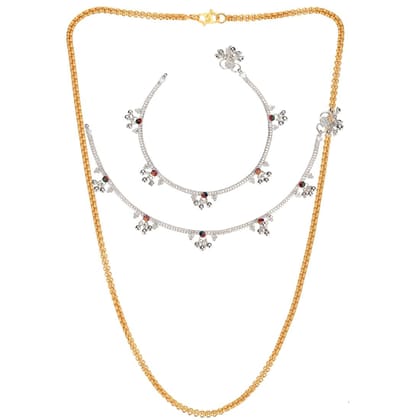 AanyaCentric Elegant Silver Plated Anklets & 22 inches Long Gold Plated Chain Stylish Women and Girls Jewelry Set