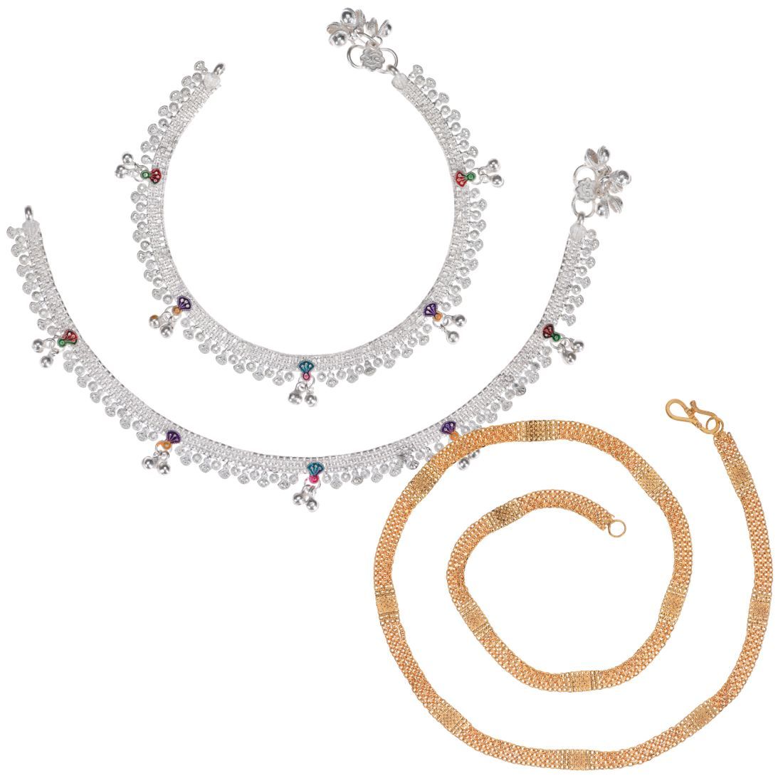 AanyaCentric Elegant Silver Plated Anklets & 22" Gold Plated Chain Stylish Women and Girls Jewelry Set