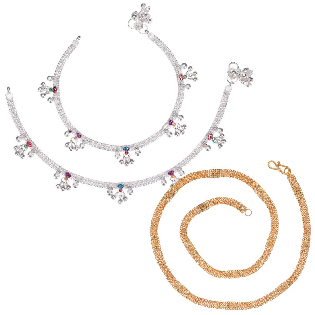 AanyaCentric Elegant Silver Plated Anklets Pair & 22 inch Long Gold Plated Chain - Stylish Women and Girls Jewelry Set