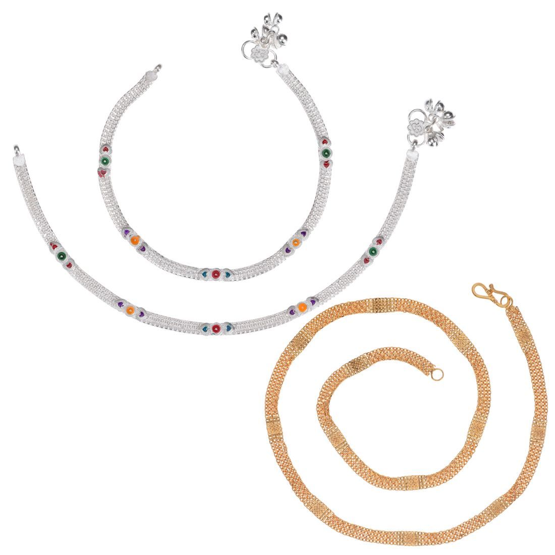 AanyaCentric Elegant Silver Plated Anklets Pair & 22inch Long Gold Plated Chain - Stylish Women and Girls Jewelry Set