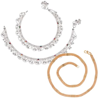 AanyaCentric Elegant Silver Plated Anklets Pair & 22inches Long Gold Plated Chain - Stylish Women and Girls Jewelry Set