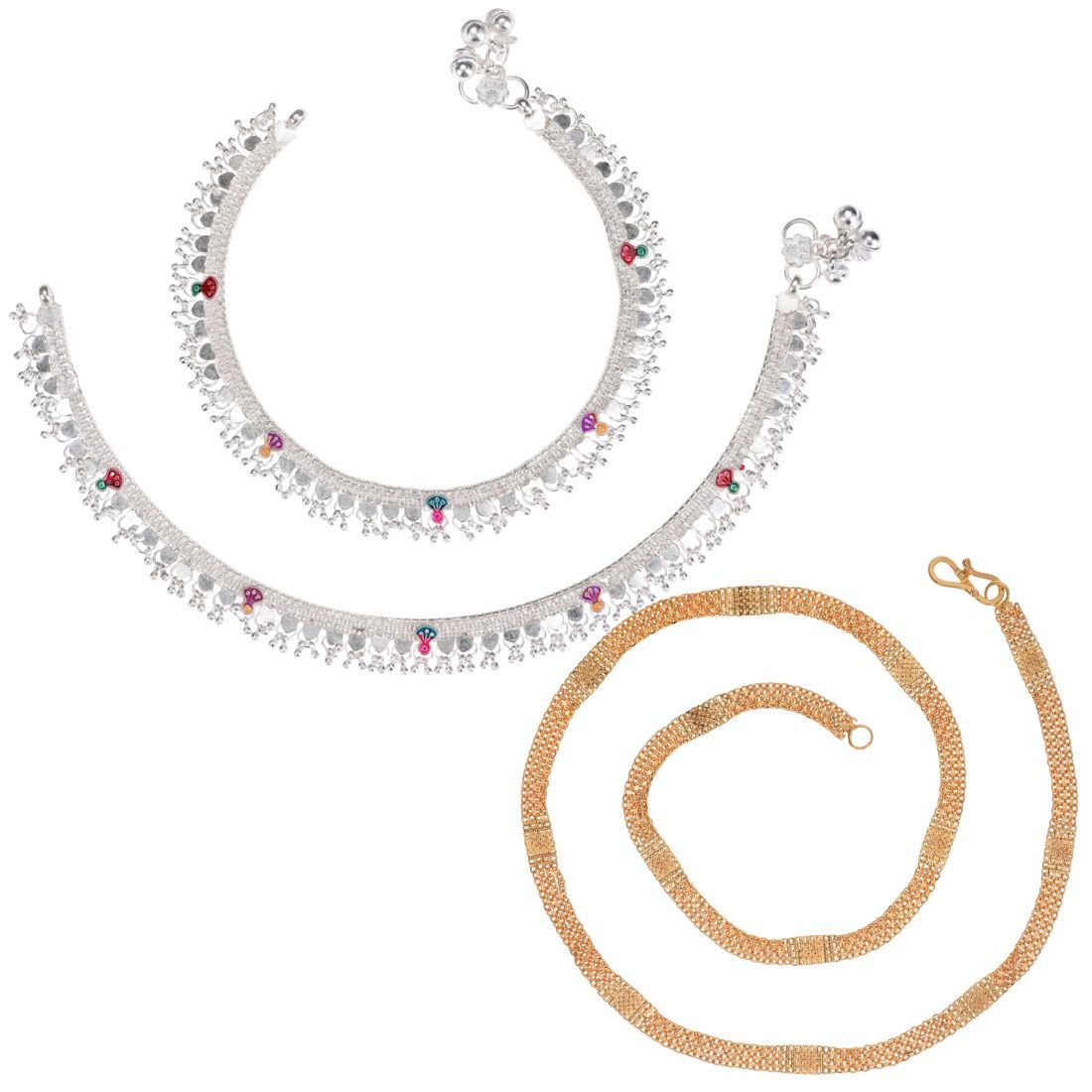 AanyaCentric Elegant Silver Plated Anklets & 22inches Long Gold Plated Chain - Stylish Women and Girls Jewelry Set