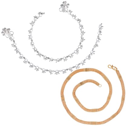 AanyaCentric Elegant Silver Plated Anklets & 22 inches Long Gold Plated Chain - Stylish Women and Girls Jewelry Set