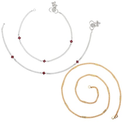 AanyaCentric Elegant Silver Plated Anklets & 22inch Long Gold Plated Chain - Stylish Women and Girls Jewelry Set