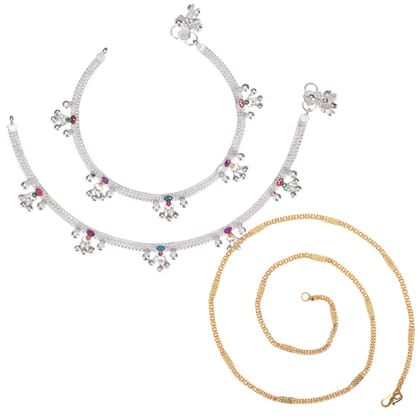 AanyaCentric Elegant Silver Plated Anklets Pair & 22inch Gold Plated Chain - Stylish Women and Girls Jewelry Set