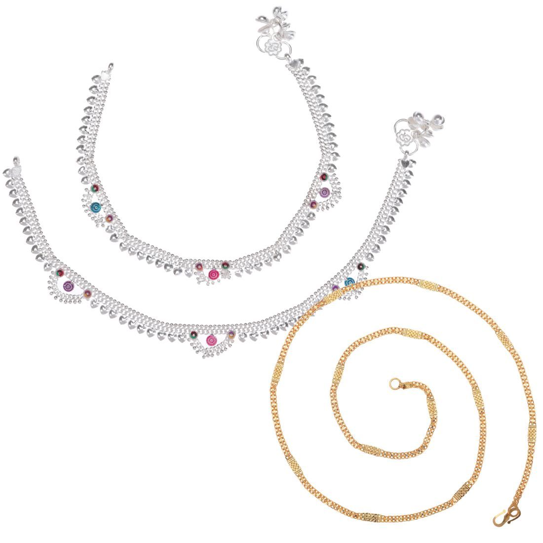 AanyaCentric Elegant Silver Plated Anklets & 22inch Gold Plated Chain - Stylish Women and Girls Jewelry Set