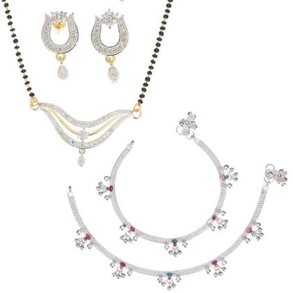 AanyaCentric Jewellery Set of Silver Plated Anklets and Gold-Plated AD 18" Short Mangalsutra Pendant Earring