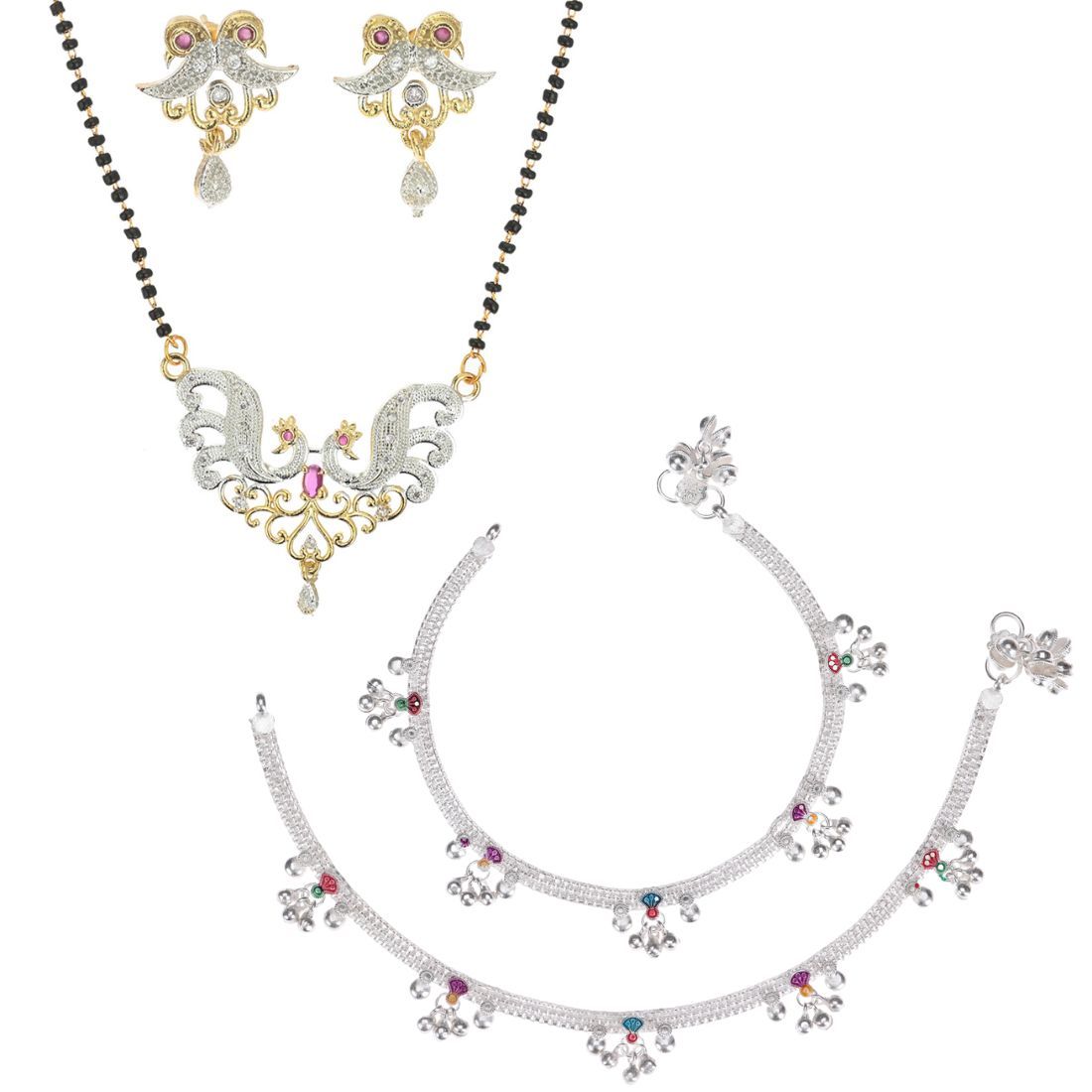 AanyaCentric Jewellery Set of Silver Plated Anklet and Gold-Plated AD 18" Mangalsutra Pendant Earring