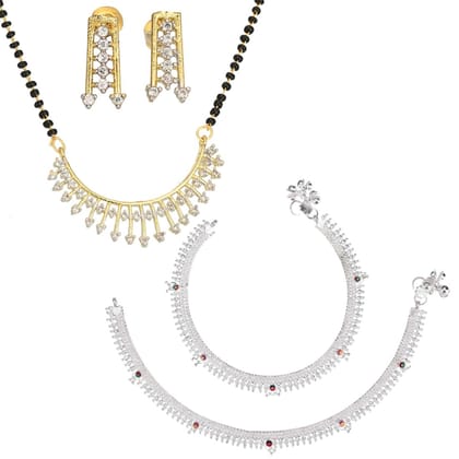 AanyaCentric Jewelry Set of Silver Plated Anklets and Gold Plated AD 18" Mangalsutra Pendant Earring