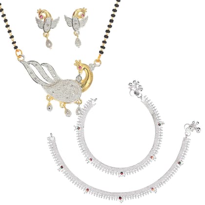 AanyaCentric Jewellery Set of Silver Plated Anklets and Gold Plated AD 18" Mangalsutra with Pendant Earring