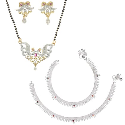 AanyaCentric Jewellery Set of Silver Plated Anklet and Gold Plated AD 18" Mangalsutra with Pendant Earring